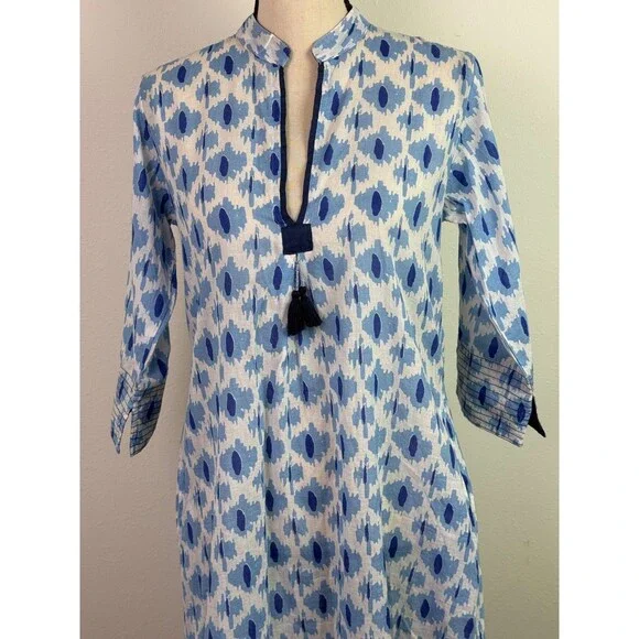 Dolma Women's Cotton Amelia Tunic Dress Blue Geometric Print Lightweight Small - Picture 2 of 11